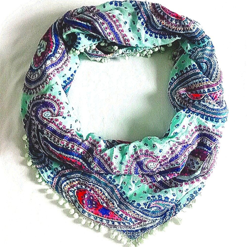 Womens Gently Used No Label Paisley Pastels Pom Pom Ball Accented V-Shap Scarf